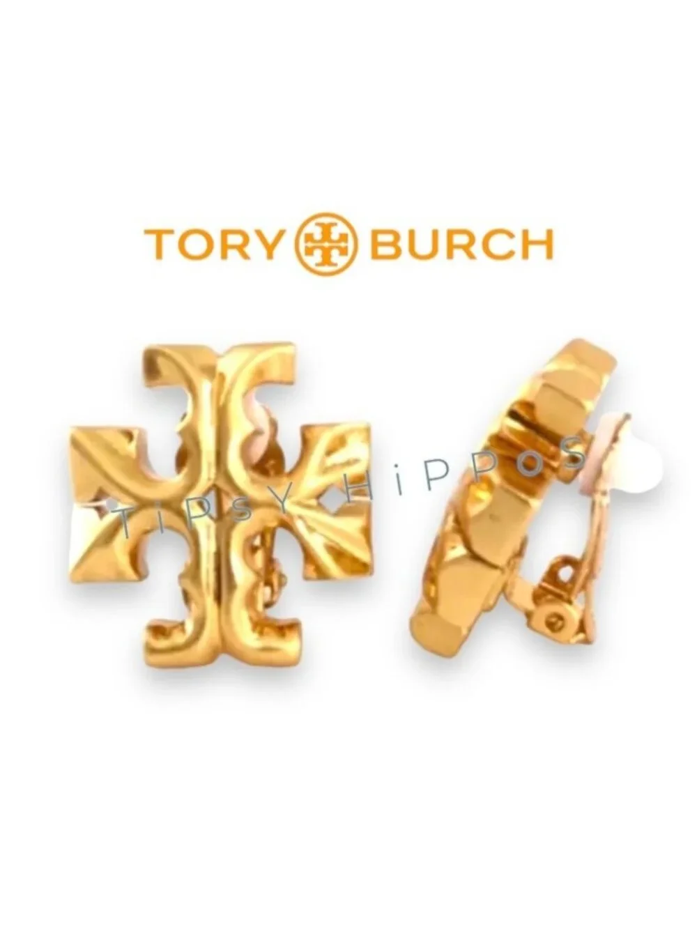 *** Tory Burch Roxanne Gold Logo Clip-On Earrings